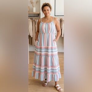 Jessica Simpson Cotton/Linen Size L Pastel Striped Maxi Dress
